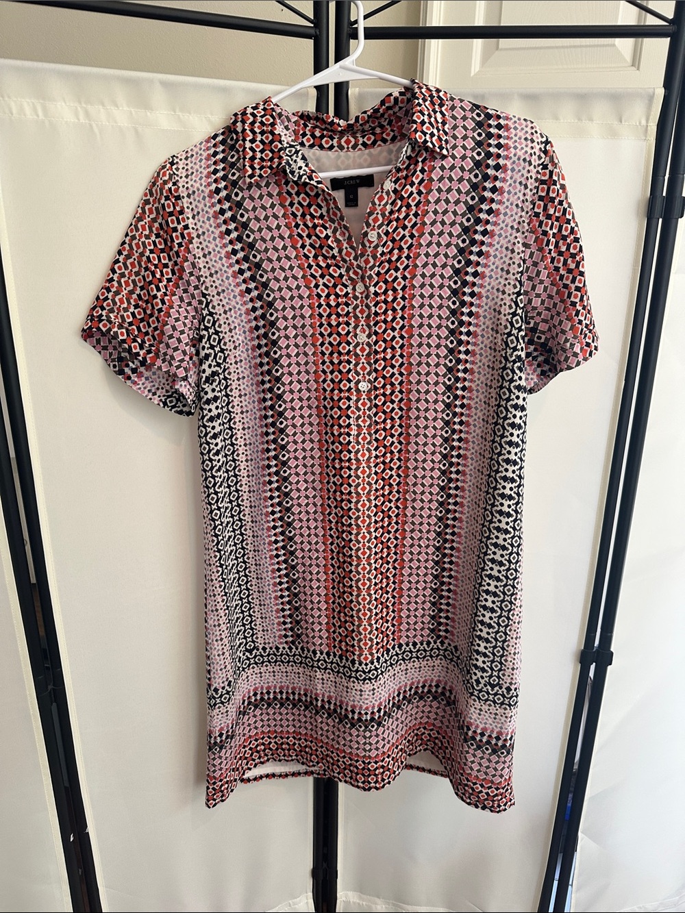 Jcrew 100% Silk Geometric Print Short Sleeve Shirt Dress - Pink/Red
